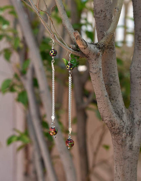 Blue Pottery beads With Metal Chain Earring in Red Base With Yellow Flower